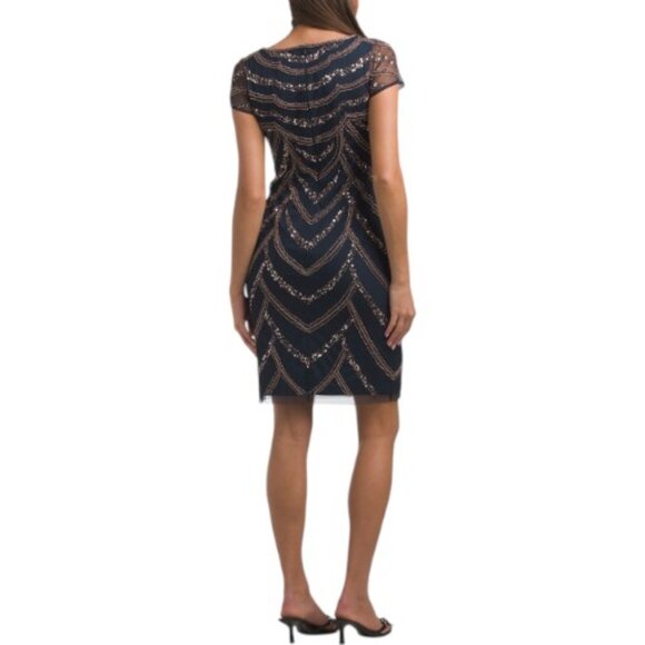 ADRIANNA PAPELL Short Sleeve Beaded Cocktail Mini Dress - Picture 2 of 4